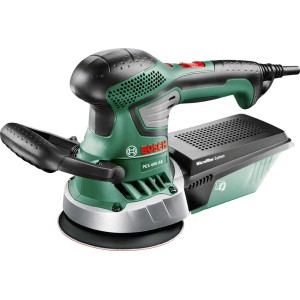 Ponceuse excentrique Bosch PEX 400 AE : Ponceuse verte avec aspiration de poussière pour ponçage fin.