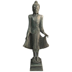 Stehende Buddha Figur in Bronzeoptik für den Garten, detailreich und wetterfest.