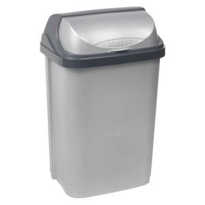 Silberner Mülleimer mit Roll-Top Deckel, 25 Liter Fassungsvermögen.