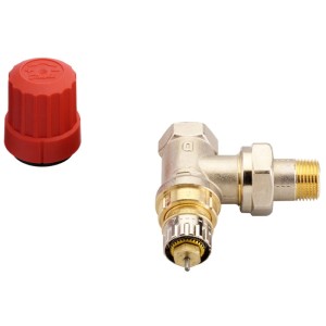 Robinet thermostatique Danfoss RA-N, équerre en laiton nickelé, DN10 / 3/8 pouce avec capuchon de protection rouge.