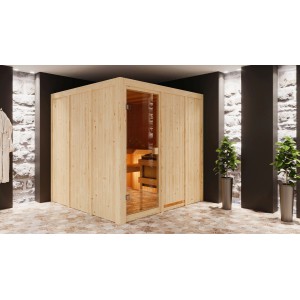 Sauna Karibu Oulu con porta in vetro, ingresso frontale. Sauna in legno massello per ore di relax.