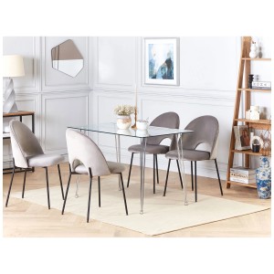 Table de salle à manger Winston avec plateau en verre et cadre argenté, 120x70 cm, avec chaises.