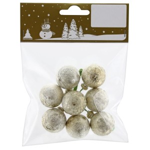 8 baies miroir dorées texturées en plastique (Ø 2,5 cm) en sachet pour décoration de Noël.