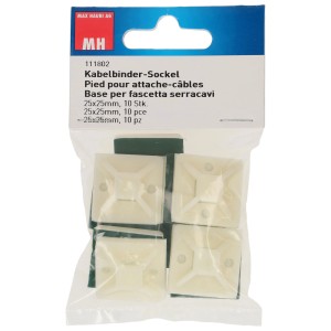 Lot de 10 supports de colliers de serrage autocollants blancs, 25x25 mm, pour colliers jusqu'à 4,8 mm d'épaisseur.