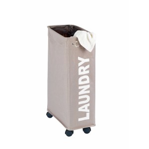 Cesto portabiancheria Corno color tortora, stretto, con ruote e scritta "Laundry".