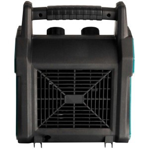 Stufa elettrica PTC Emerio verde, 2000W, vista posteriore con griglia di ventilazione e maniglia.