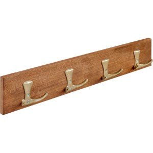 Hettich Garderobenleiste Typ 74 aus Holz in Eiche-Optik mit 4 robusten Doppelhaken aus Zinkdruckguss in Edelstahl-Optik.