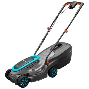 Gardena PowerMax 32/18V tosaerba a batteria, con cesto di raccolta e manico regolabile.
