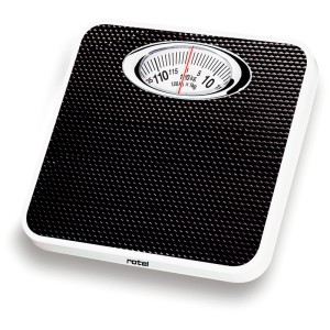 Mechanische Rotel Personenwaage in Schwarz-Weiss mit rutschfester Oberfläche und Anzeige bis 120 kg.
