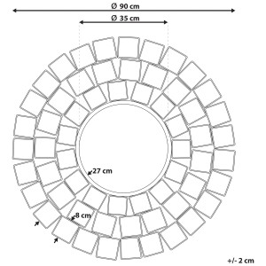 Schizzo dello specchio da parete Labrit oro, Ø 90cm, con cornice in metallo quadrata e dimensioni.