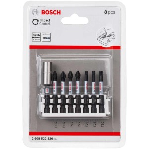 Set di inserti Bosch Impact Control, 8 pezzi con profili PH, PZ e T per avvitatori e trapani.