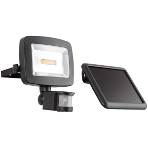 Lampada solare a LED nera con sensore di movimento e pannello solare separato per esterni.