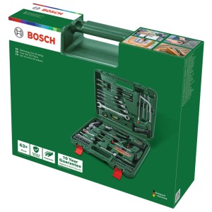 Set d'outils à main Bosch vert, 63 pièces en coffret : Clés, marteau, scie et plus pour le bricolage.