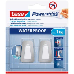 Tesa Powerstrips crochets adhésifs, inox/plastique, 2 pièces, pour salle de bain et cuisine, jusqu'à 1 kg.