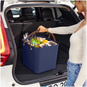Rotho Albula Multibag blu (40L) nel bagagliaio con alimentari. Pratico cesto per la spesa.