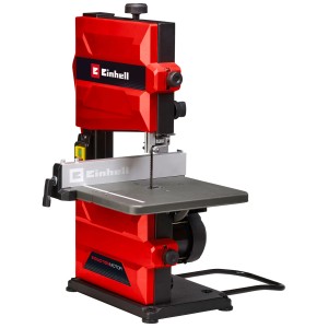 Einhell Bandsäge TC-SB 200+ in Rot, mit Arbeitstisch und Sägeband. Ideal für präzise Holzschnitte.