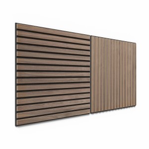 Due pannelli acustici da 60 cm effetto noce con feltro acustico nero per rivestimento pareti.