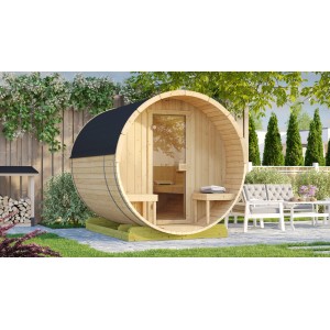 Weka Sauna tonneau 198 Kit économique avec poêle 9 kW, sauna en bois ronde avec porte en verre et bancs dans le jardin.