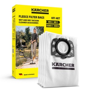 Set filtres polaire Kärcher: 4 sacs résistants pour aspirateurs eau et poussière. Boîte jaune, sacs blancs.