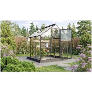 Serra Vitavia Triton 3800 con vetro di sicurezza, nera, 198x193 cm, in giardino.