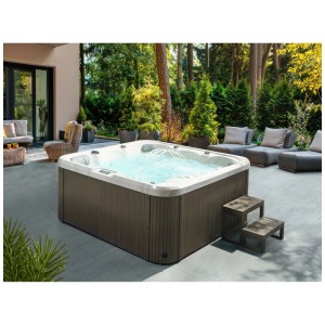 Jacuzzi extérieur Beliani Calima, blanc, avec eau bouillonnante, marches et LED sur terrasse. Spa fixe pour 6 pers.