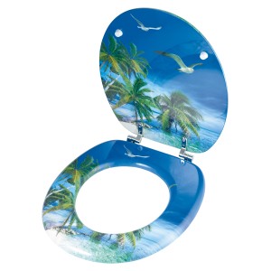 Sedile WC Kalamos con motivo spiaggia, anima in legno, sedile blu con palme e gabbiani.