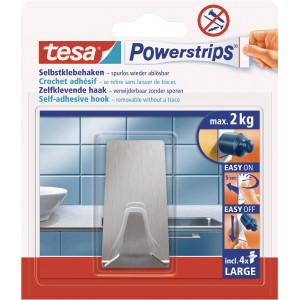 Crochet adhésif Tesa, rectangulaire, en acier inoxydable, avec 4 Powerstrips Large. Crochet adhésif pour cuisine et salle de bain.