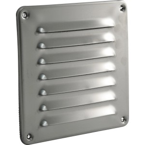 Griglia di copertura quadrata Marley in acciaio inox, 155x155 mm, con lamelle e fori per viti.