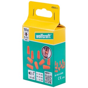 Wolfcraft bouchons d'oreille jetables, 10 pièces, Ø 5-11 mm, dans une boîte jaune-turquoise.