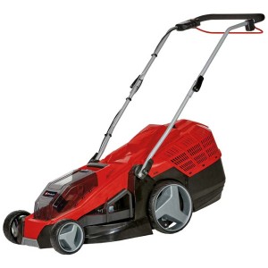Tagliaerba a batteria Einhell GE-CM 36/43 Li M con batteria e caricabatterie. Tosaerba rosso/nero con cesto di raccolta.