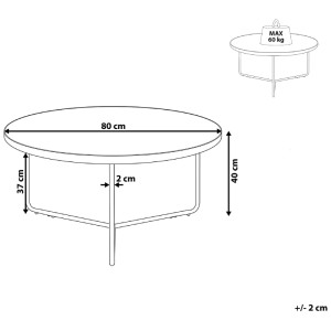 Disegno tecnico del tavolino rotondo Beliani Melody. Diametro 80 cm, altezza 40 cm. Carico max 60 kg.