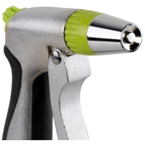 Pistola ad acqua Gartec Aquajet, spruzzatore da giardino regolabile con corpo in metallo e ghiera verde.