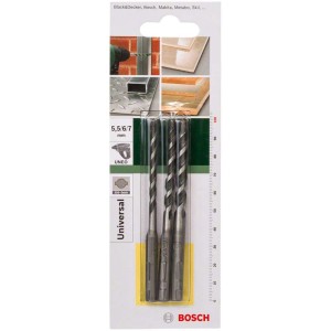 Jeu de forets multi-matériaux Bosch, 3 pièces, queue SDS quick, foret universel pour divers matériaux.