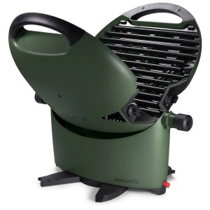nomadiQ barbecue a gas portatile modello 3.0 verde foresta, aperto con griglia.