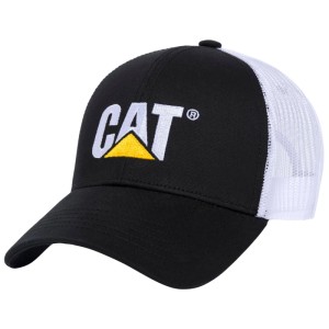 Casquette Cat noire avec maille blanche et logo brodé, vêtement de travail.