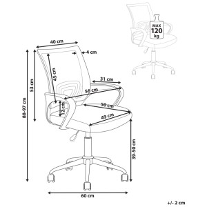 Schizzo di sedia da ufficio Solid Mesh nera con dimensioni, carico massimo 120 kg.