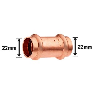 Raccordo a pressare in rame, diametro 22 mm, per collegare tubi in rame.