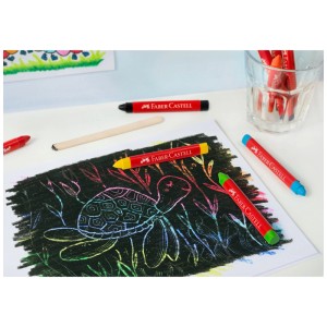 Faber-Castell Jumbo Wachsmalkreiden, 12 Farben, mit Kratzbild einer Schildkröte.
