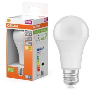 Ampoule LED Osram E27, 19W, blanc chaud, forme classique. Vue emballage et produit.