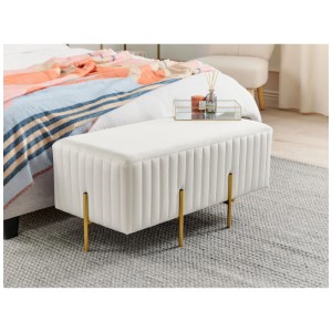 Banquette Beliani Dayton en blanc crème avec pieds dorés. Élégant pouf en velours pour salon ou chambre.