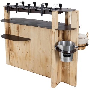 Nouvel Raclette-Bar Cross, 59-teilig aus Holz und Stahl mit Zubehör wie Kühler und Pfännchen.