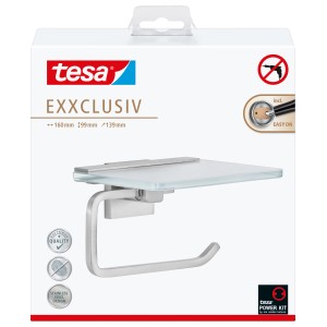 Porta carta igienica Tesa Exxclusiv con ripiano in acciaio inox, per montaggio a parete senza forare.