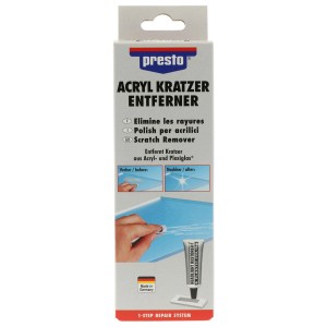 Presto Acryl Scratch Remover 50g in set per la riparazione della vernice di superfici in acrilico e plexiglass.