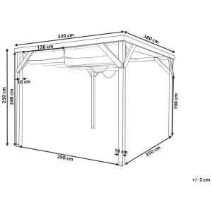 Beliani Gartenpergola Villarosa aus Tannenholz, braun/beige, 320x380 cm, mit Maßangaben.