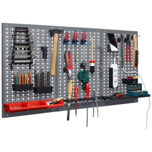 Panneau perforé Küpper, 3 pièces, gris clair, avec outils et crochets pour montage mural.