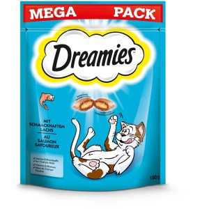 Dreamies snack per gatti al salmone, confezione da 180g. Snack per gatti con ripieno cremoso e guscio croccante.