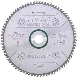 Lame de scie Metabo Multicut Professional, Ø 254 mm, 80 dents pour des coupes précises dans le bois, le plastique et le métal.
