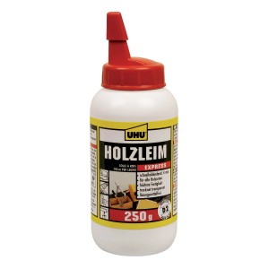 UHU Holzleim Express D2, flacone da 250g. Colla bianca a presa rapida per legno.