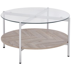Tavolino da salotto rotondo Lovell con piano in vetro e ripiano effetto legno, struttura in metallo argentato.