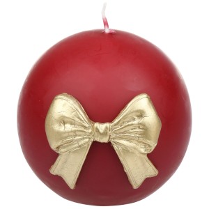 Bougie boule rouge ancien avec nœud doré, Ø 8cm. Bougie pilier décorative pour Noël.